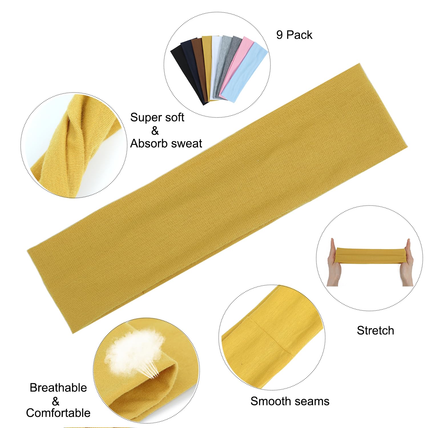 Assorted Solid Color Fabric Headbands 9 Piece Set - Image 3